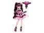 Monster High Draculaura pop in een roze en zwarte jurk, met bijpassende accessoires.