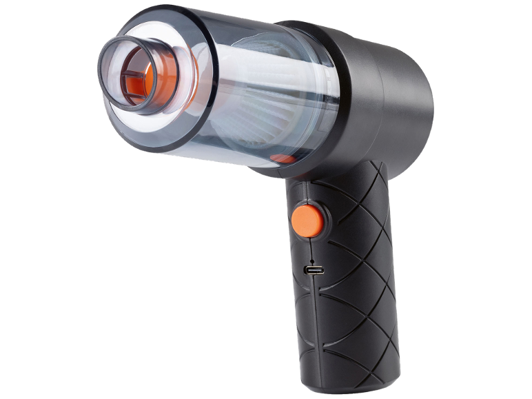 Zwarte handstofzuiger met zichtbaar filter en oranje knop.