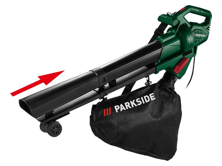 Parkside bladblazer-zuiger met wielen en opvangzak, die de luchtstroomrichting aangeeft.