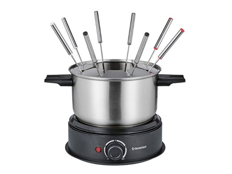 Roestvrijstalen fondueset met zwarte elektrische basis en acht vorken.