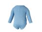 Blauwe baby romper met lange mouwen, achteraanzicht.