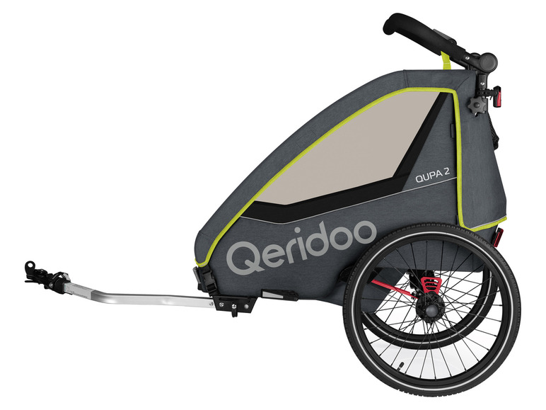 Een grijze Qeridoo QUPA 2 fietskar met een groene rand.