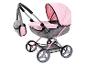 Roze en grijze poppenwagen met bijpassende tas.