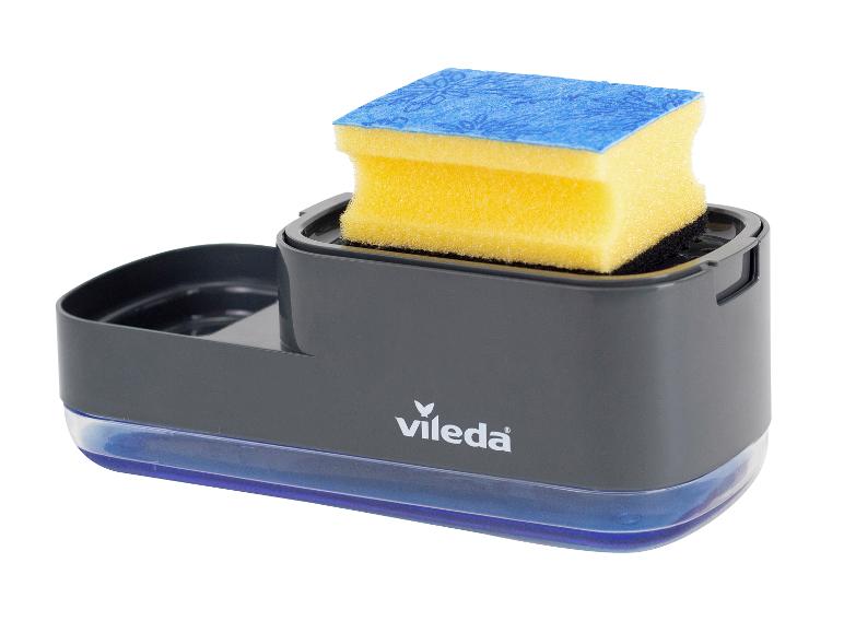 Grijze gootsteenorganizer met een gele en blauwe spons.