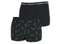 Set van twee herenboxershorts, één zwarte en één met een feestelijk boormachinepatroon.