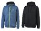 Twee herenhoodies, één blauw met gele rits, één zwart.