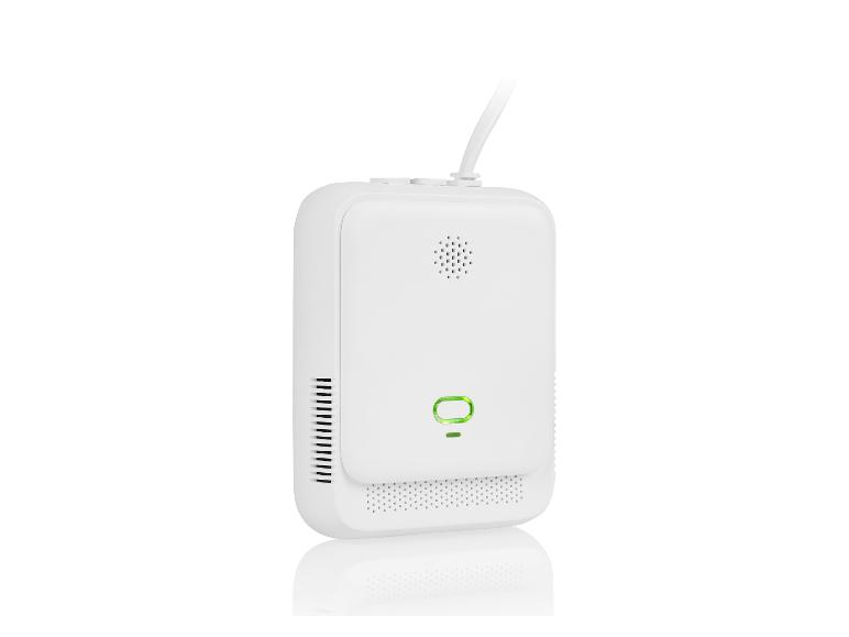 Witte rechthoekige luchtkwaliteitsmonitor met een groen lichtindicator en een witte kabel.