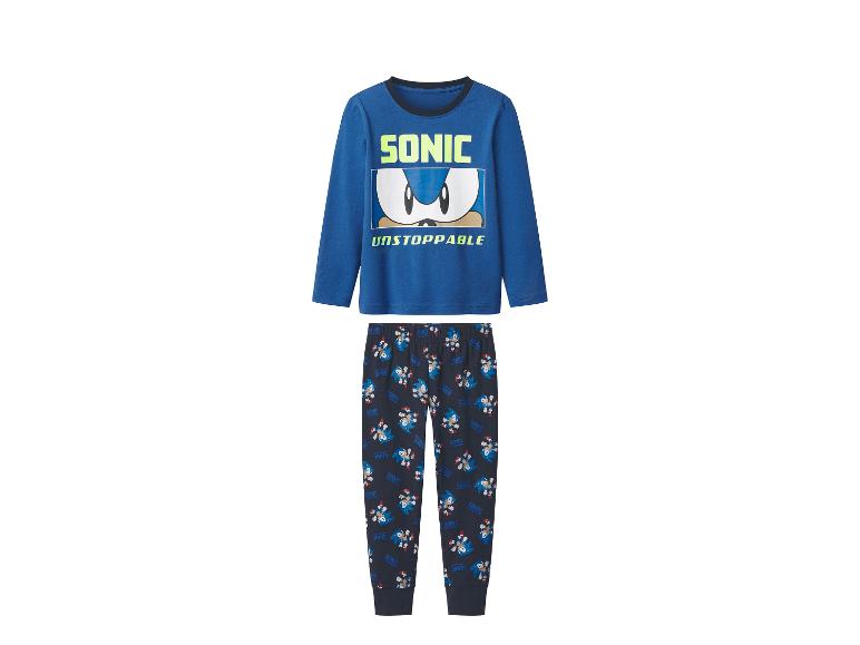 Blauwe Sonic the Hedgehog pyjama met lange mouwen en de tekst 'SONIC UNSTOPPABLE'.