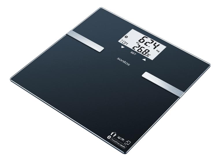Zwarte digitale weegschaal met zilveren accenten, toont 62.4 kg en 26.8% lichaamsvet.