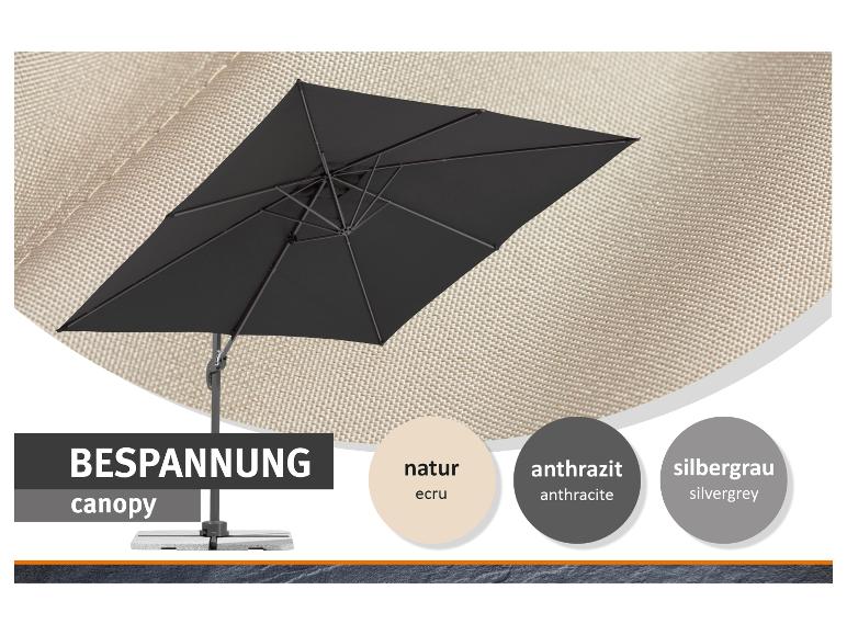 Parasol met drie kleuropties voor het doek: Naturel, Antraciet, Zilvergrijs