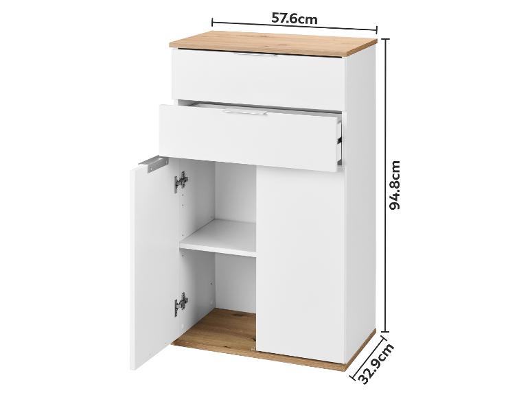 Witte en houtkleurige kast met één lade en één deur, afmetingen 57,6x94,8x32,9cm.
