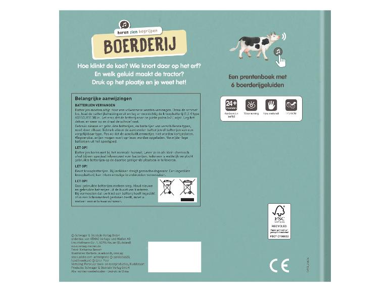 Interactief geluidenboek met boerderijthema, inclusief gebruiksinstructies en batterij-informatie.