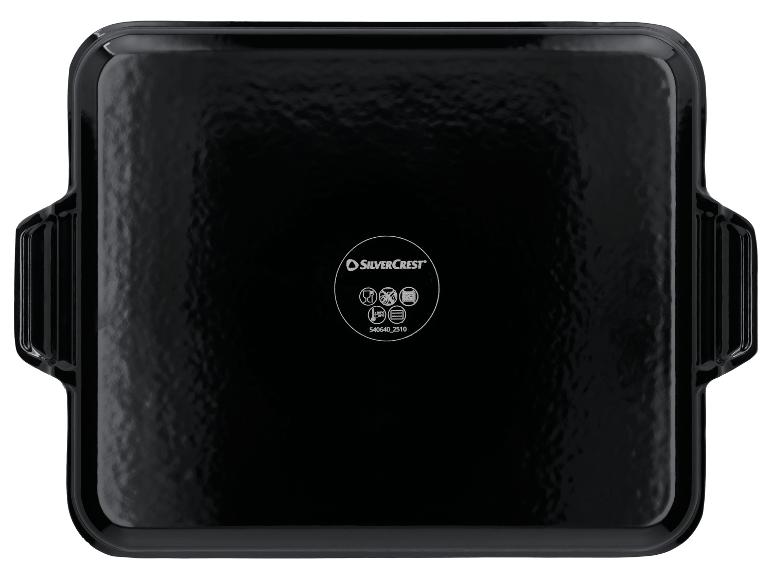 Zwarte ovenschaal met handvatten, met symbolen voor oven- en vaatwasmachinebestendigheid.
