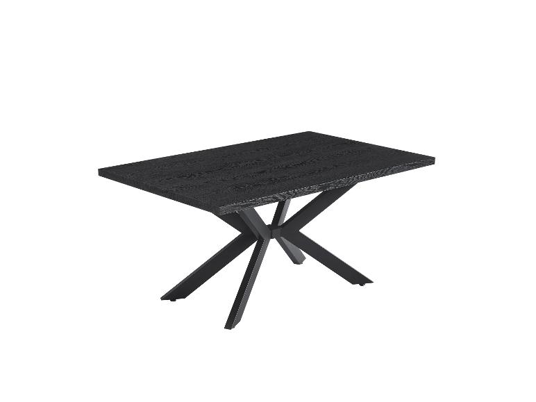 Zwarte eettafel met houtlook blad en een X-vormig metalen onderstel.