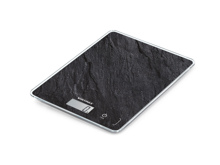 Zwarte digitale keukenweegschaal met leisteen-effect, met display en touch-knoppen.
