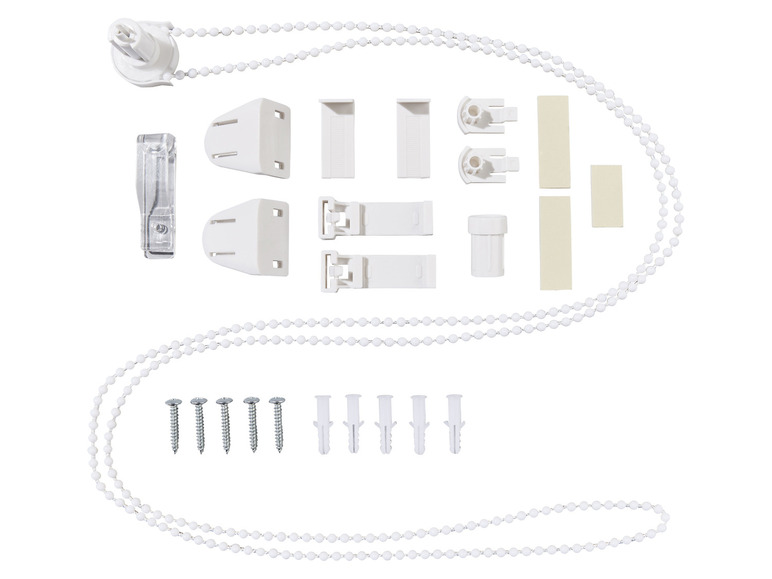 Witte ketting voor een rolgordijn met bevestigingsmaterialen.