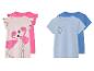 Twee shirts voor meisjes: een met flamingo's, de ander met een toekan.