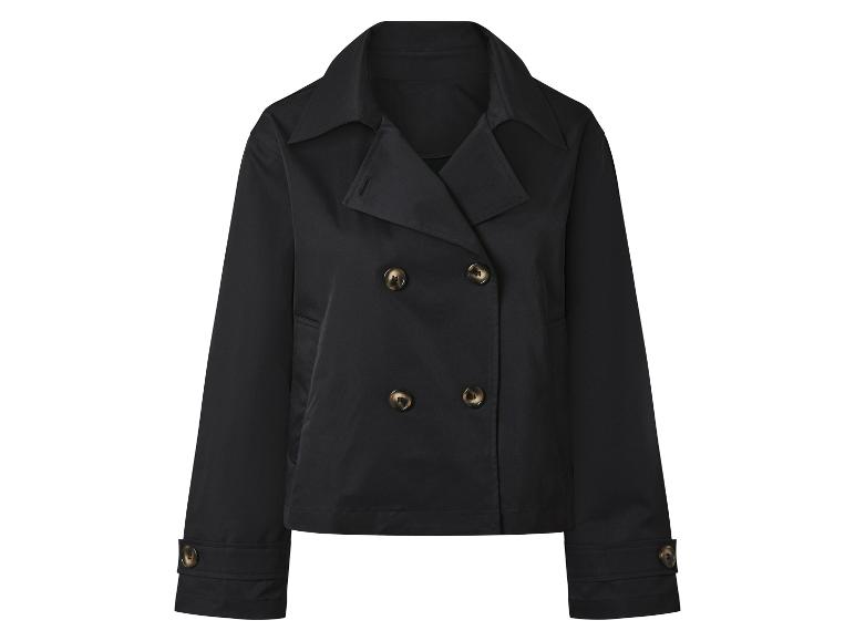 Zwarte, dubbelknoops jas.