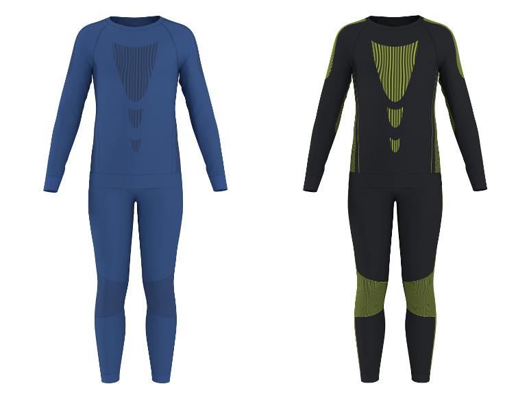 Twee sets thermisch ondergoed voor heren, één blauw en één zwart met groene accenten.