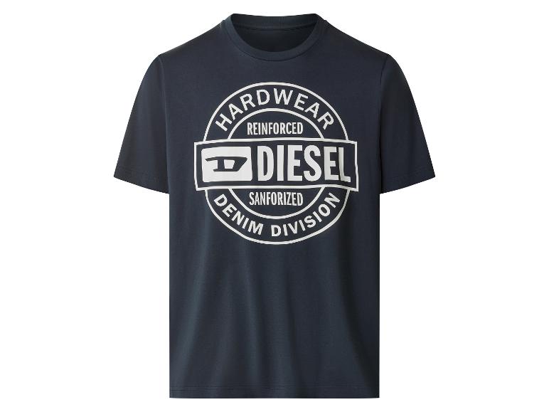 Donkerblauw T-shirt met een wit rond logo met de tekst 'HARDWEAR REINFORCED SANFORIZED DENIM DIVISION'.