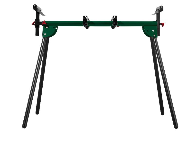 Groene opklapbare werkbank met verstelbare steunen.