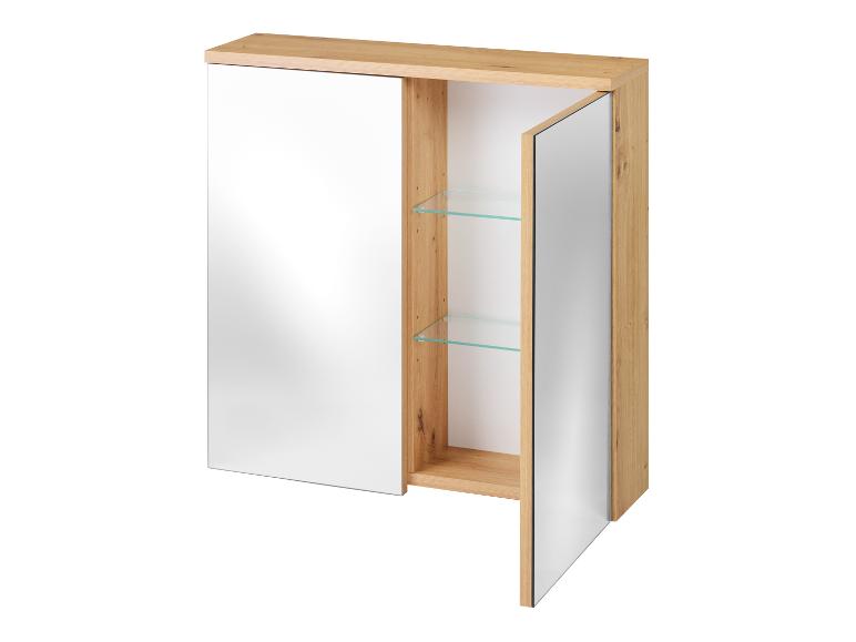 Houten spiegelkast met twee glazen planken, één deur open.