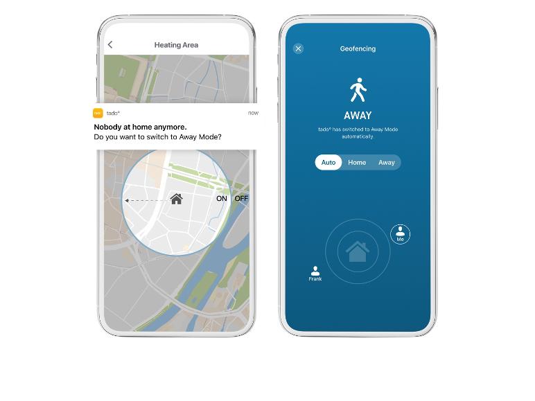 Twee smartphoneschermen met een smart home-app voor verwarmingsregeling en geofencing.