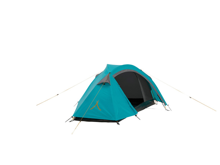 Een blauwe tent met gele touwen.