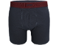 Donkerblauwe herenboxershort met bordeauxrode tailleband en decoratieve tekst.