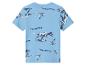Lichtblauw kinder-T-shirt met tyrannosaurusprint en de tekst 'TYRANNUSAURUS'.