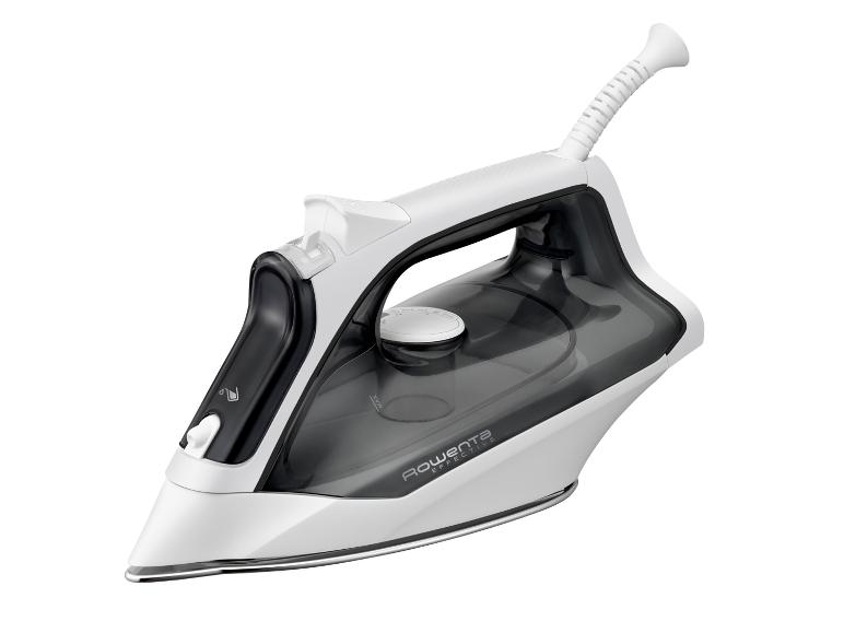 Wit stoomstrijkijzer met zwarte en transparante elementen, schuin afgebeeld.
