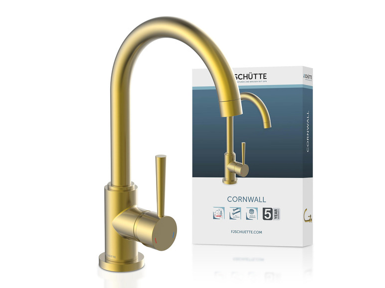 Een gouden keukenkraan van het merk Schütte, model Cornwall.
