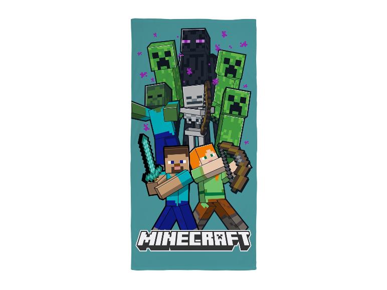 Handdoek met videospelpersonages, waaronder Steve, Alex, Creepers en Enderman.