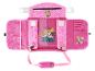 Roze kinderautostoelorganizer met dinosauruspatronen en stripfiguur.