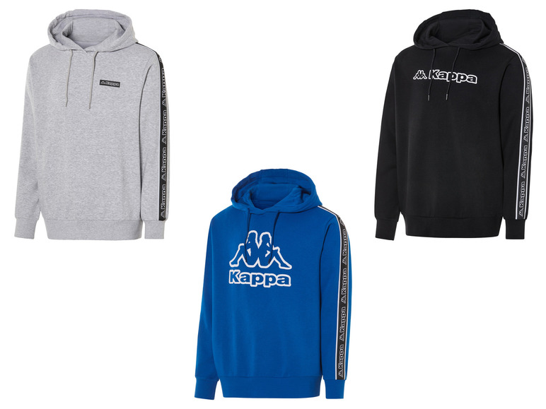 Drie Kappa hoodies in grijs, zwart en blauw met logo op de mouw.