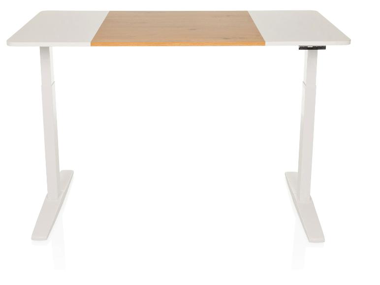 Wit verstelbaar bureau met een houten middengedeelte.