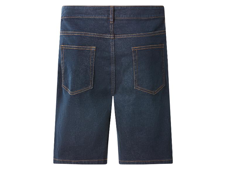 Donkerblauwe denim shorts met oranje stiksels, achteraanzicht