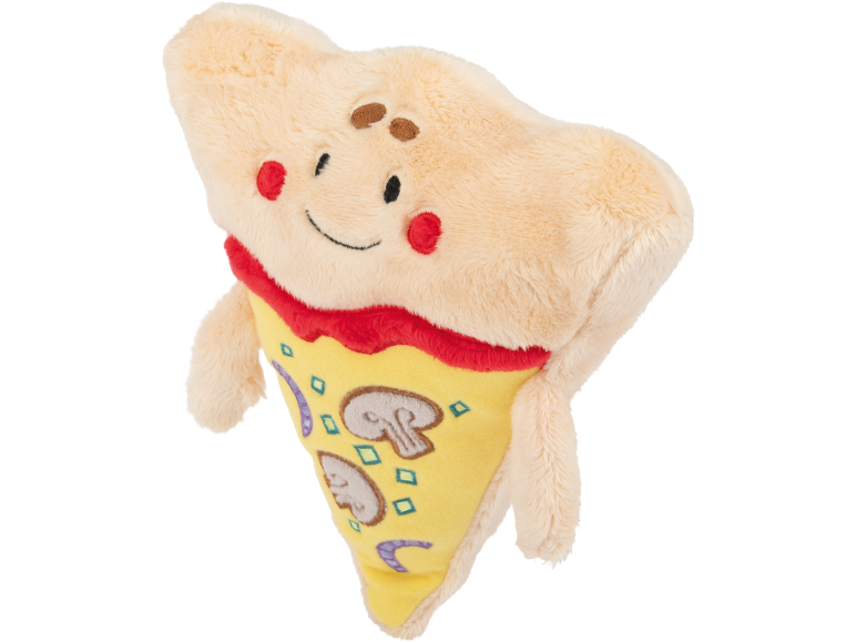 Pluche knuffel in de vorm van een lachende pizzapunt met champignons.