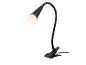 Zwarte bureaulamp met klem en flexibele arm, brandend