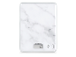 Keukenweegschaal met wit marmerpatroon, digitaal display en aanraakknoppen.