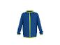 Blauwe jas met rits en limoengroene details.