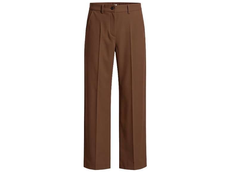 Bruine wijde broek met knoop- en ritssluiting.