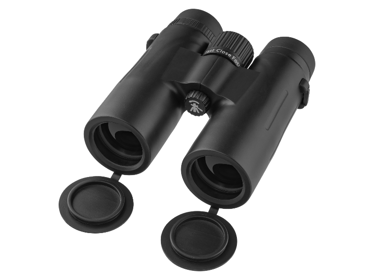 Zwarte verrekijker met afneembare lensdoppen.