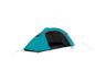 Een turquoise tent met een donkergrijze binnenkant.