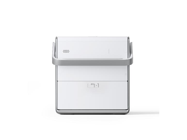 Een witte draagbare printer met zilveren handgrepen.