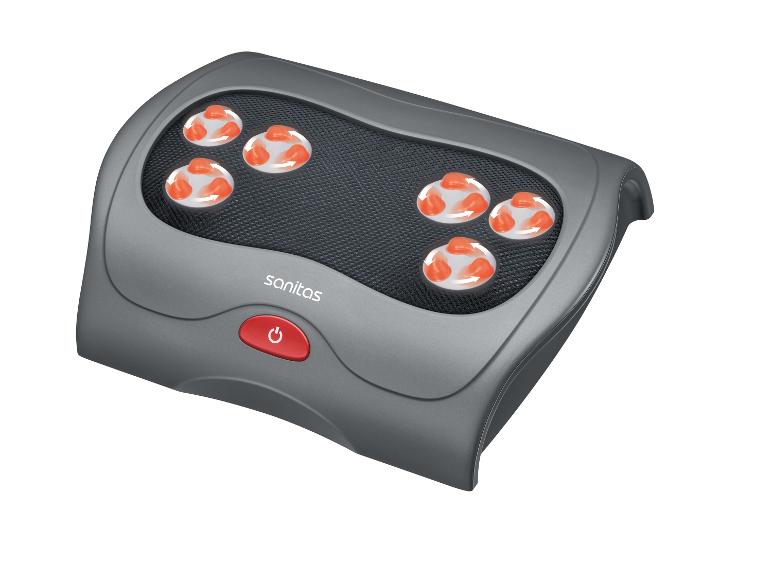 Sanitas massagekussen met acht roterende massagekoppen en een rode aan/uit-knop.