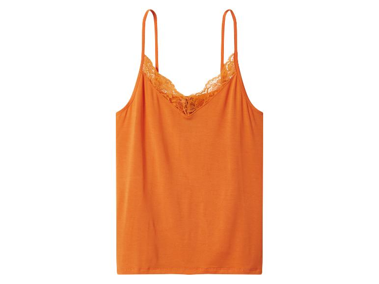 Oranje camisole met V-hals en kant.