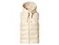Beige gewatteerde bodywarmer met capuchon en rits.