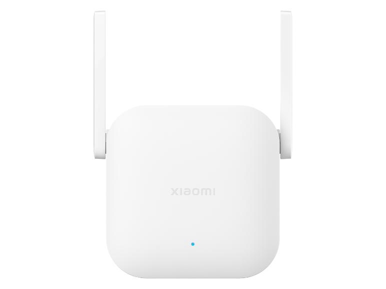 Witte Xiaomi Wi-Fi extender met twee antennes en een blauw LED-lampje.