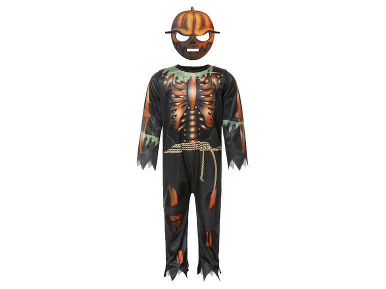 Een skeletkostuum met een pompoenmasker voor Halloween.